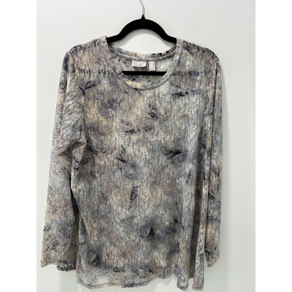 LOGO Layers Lori Goldstein Floral Lace Abstract Print Top Grey Lavender 1X